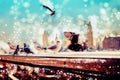 Birds on Wall - View to Big Ben City of London - Blurred Bokeh Lights Camera Lens Flares - Abstract Painting