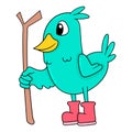 Birds wearing walking shoes carrying branches on an adventure, doodle icon image kawaii