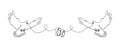 Birds with wedding rings line art. Continuous line drawing of two doves, engaged rings, family, couple, love, birds Royalty Free Stock Photo