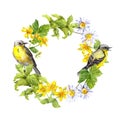 Birds, wild herbs, flowers. Watercolor circle border. Floral wreath. Royalty Free Stock Photo