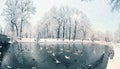 Birds on the winter lake in the park Royalty Free Stock Photo