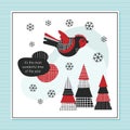 Birds in winter landscape doodles, chirstmas holidays nature illustration