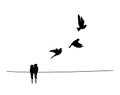 Birds on wire and flying birds silhouettes, vector.