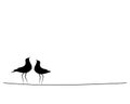 Birds couple silhouette on wire, vector. Birds in love, illustration. Wall decals, artwork, Wall art. Two birds on wire isolated Royalty Free Stock Photo