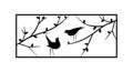 Birds on branch, view of a window, vector. Birds silhouettes on wire isolated on white background. Black and white wall decals Royalty Free Stock Photo