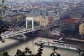 Birdseye view on Budapest, Hungary, the bridge across Danube River