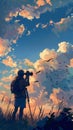 Birdwatcher scanning the sky with high-zoom binoculars, dramatic cloud backdrop, side angle, capturing the moment