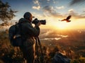 Birdwatcher shooting birds in beautiful sunlight