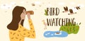 Birdwatching banner birding Ornithology horizontal banner template. Girl looks through binocular, obsirve wild birds in