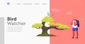 Birdwatching Landing Page Template. Ornithologist Birdwatcher Male Character with Binoculars Watching Bird on Tree