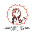 Young girl bird watching. Birding and ornithology concept