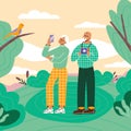 Birdwatching or ornithology flat vector illustration. Senior couple have eco-friendly hobby, outdoor activity, local