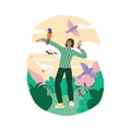 Birdwatching or ornithology flat vector illustration. Woman have eco-friendly hobby, outdoor activity, local tourism