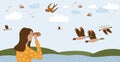 Birdwatching poster, birding. Ornithology horizontal banner template. Girl looks through binoculars, woman watches the