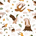 Birdwatching seamless pattern. Birding print. Birds flying in nature background. Duck, robin, owl, martin birds Royalty Free Stock Photo