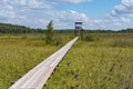 Birdwatching tower and footbridge across the swamp at Bolshom rakovom Big Crayfish Lake. Eco route in the