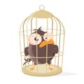 Funny cartoon bird is locked in a bird cage