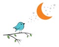 Cute bird on branch and moon with stars, vector Royalty Free Stock Photo