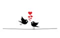 Birds couple in love on wire with hearts illustrations, vector Royalty Free Stock Photo