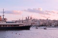 Birgu, Malta - January 5, 2020: touristic ship in the port at the evening time