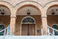 Birmingham Alabama, USA - May 16, 2019 Centered view looking up to the main entrance of the Sixteenth Street Baptist Church Royalty Free Stock Photo