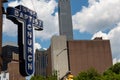 Birmingham Alabama USA - May 16, 2019 Sign projecting from the side of the 16th Street Baptist Church, distant newer buildings Royalty Free Stock Photo