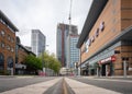 Birmingham Five Ways city centre low level dramatic angle of city centre with residential tower block sky scrapers