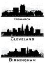 Birmingham UK, Bismarck North Dakota and Cleveland Ohio City Skyline Silhouette Set