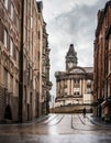 Birmingham uk city centre deserted streets during lockdown town hall clock tower in Victoria Square West Midland storm skies birds Royalty Free Stock Photo