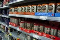 BIRMINGHAM, UK - March 2018 ASDA Angle View of Decaf and Espresso Coffee on Shelves. Products Arranged in Boxes Royalty Free Stock Photo