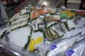BIRMINGHAM, UK - March 2018 ASDA Variety of Fresh Fishes, Cut, Sliced, Fillet and Debone on Crushed Ice. Seafood Wet
