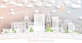 Birmingham UK. Winter City Skyline in Paper Cut Style with Snowflakes, Moon and Neon Garland. Christmas and New Year Concept. Royalty Free Stock Photo