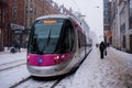 Tram during heavy snowfall in Birmingham, United Kingdom