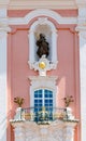 View of the facade above the entrance of the historic cathedral in Birnau on Lake Constance in southern Germany