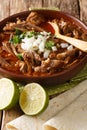 Birria de Res is a traditional Mexican stew, the perfect comfort food with rich, bold flavors closeup in a bowl. Vertical