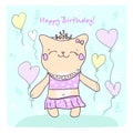 Birtday card with cute kitty and balloons.