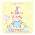 Birtday card with cute kitty and gifts.