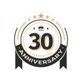 Birtday vintage logo template to 30 th anniversary circle retro isolated vector emblem. Thirty years old badge on white background Royalty Free Stock Photo