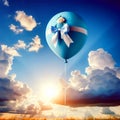 Greeting: The birth of a boy as a light blue flight. A balloon in the sky Royalty Free Stock Photo