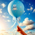 Greeting: The birth of a boy as a light blue flight. A balloon in the sky Royalty Free Stock Photo