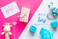 Birth child baby shower concept boy or girl top view Royalty Free Stock Photo