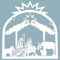Birth of Christ. Baby Jesus in the manger. Holy Family. Star of Bethlehem - east comet. Merry Christmas card. Template for laser Royalty Free Stock Photo