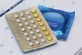 Birth control pills with condom on a calendar Royalty Free Stock Photo