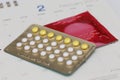 Birth control pills with condom on a calendar Royalty Free Stock Photo