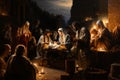 Birth of Jesus Christ in Bethlehem, Mary and Joseph sitting next to the manger , religion and faith of christianity, bibical story