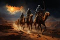 Birth of Jesus Christ in Bethlehem, three kings riding on camels through the desert night , religion and faith of christianity Royalty Free Stock Photo