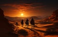 Birth of Jesus Christ in Bethlehem, three kings riding on camels through the desert night , religion and faith of christianity Royalty Free Stock Photo