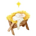 Birth of Jesus Christ. Wooden manger and star of Bethlehem, christmas nativity scene watercolor illustration isolated on Royalty Free Stock Photo