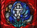 Birth of Jesus, Christmas, detail of stained glass window in St. James church in Hohenberg, Germany Royalty Free Stock Photo