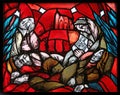 Birth of Jesus, Christmas, detail of stained glass window in St. James church in Hohenberg, Germany